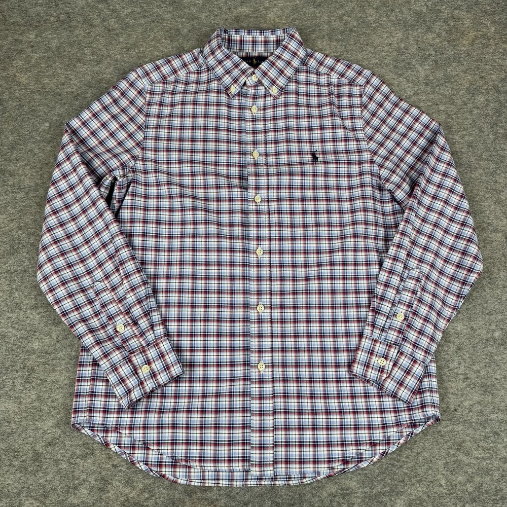 Ralph Lauren Button Down Shirt Long Sleeve Plaid Red White Blue Boys Large L